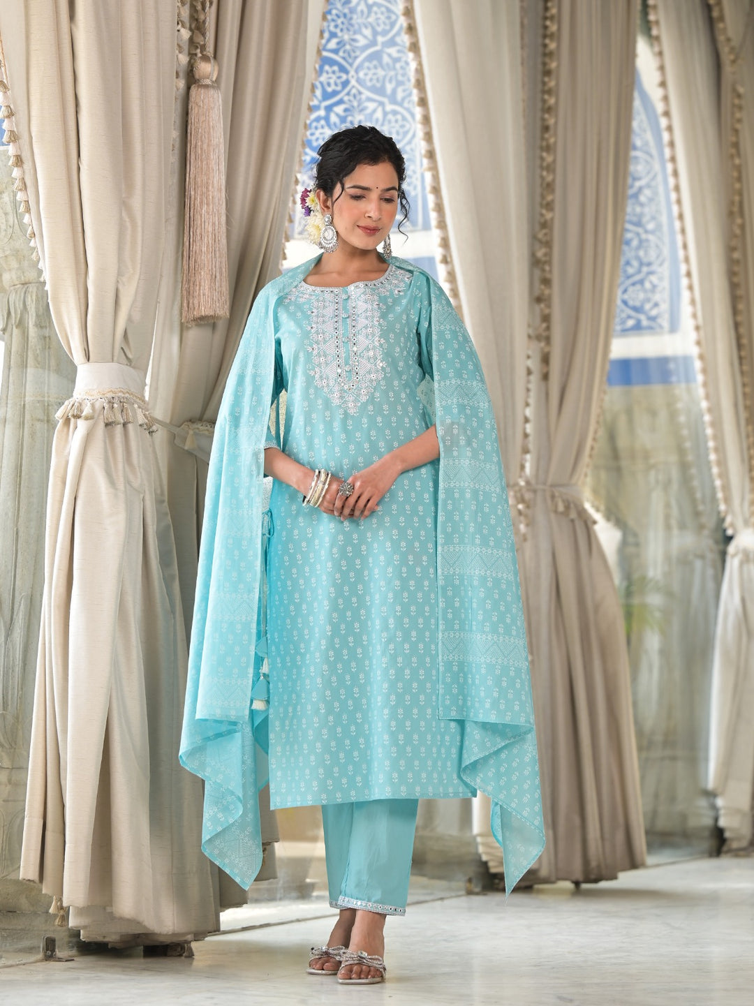 Radhya Sky Cotton Suit Set