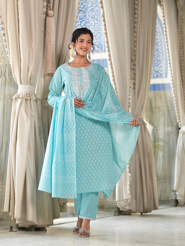 Radhya Sky Cotton Suit Set