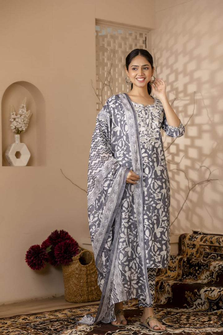 GUNJAN Charcoal COTTON SUIT SET