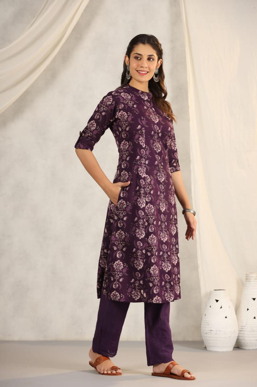 Rachna wine Printed Cotton Kurta Pant Set