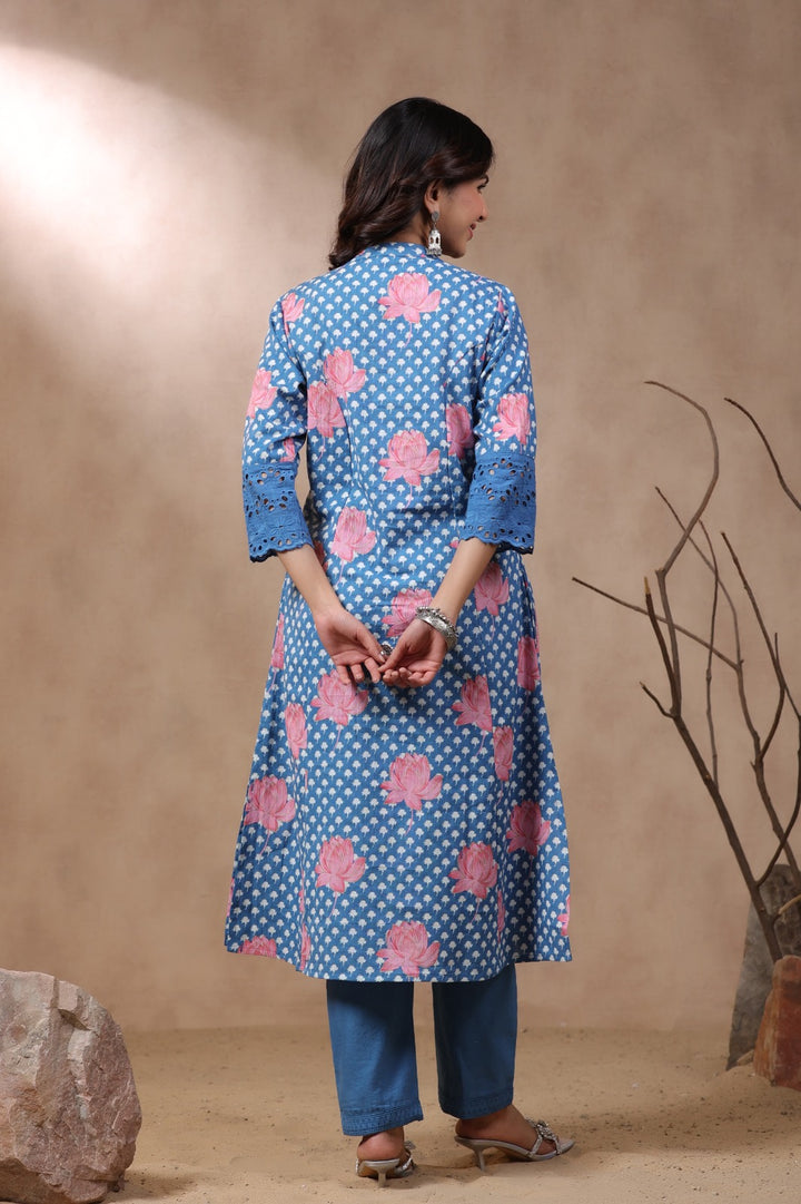 Rachna Indigo Printed Cotton Kurta Pant Set