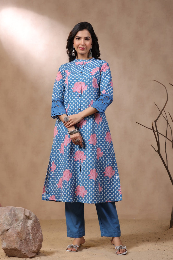 Rachna Indigo Printed Cotton Kurta Pant Set