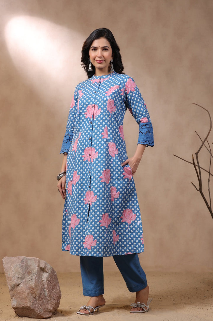 Rachna Indigo Printed Cotton Kurta Pant Set