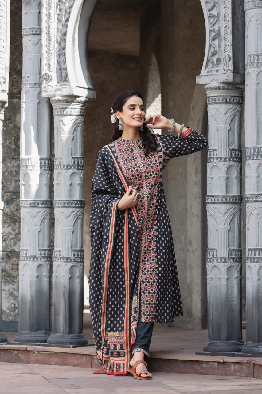 Gunjan Onyx Printed A Line Cotton Suit Set