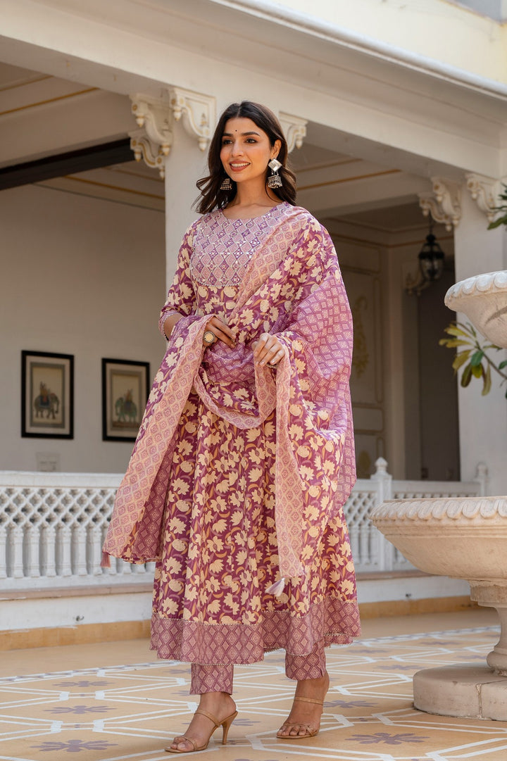 GUNJAN Lilac Cotton Anarkali Suit Set