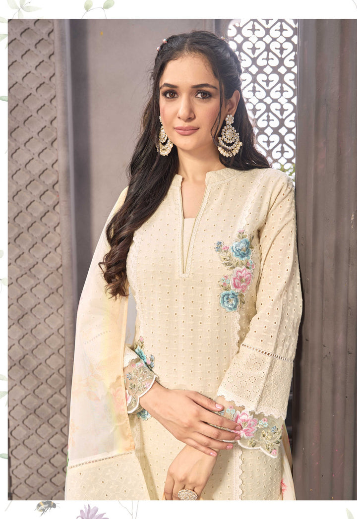 Kalyani Offwhite Schiffli Cotton Suit Set