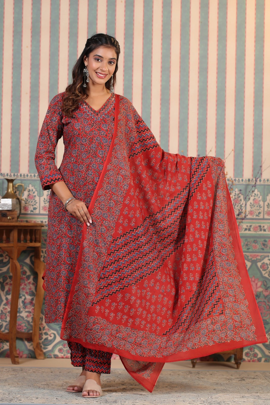 Suman Crimson Printed Cotton Suit Set