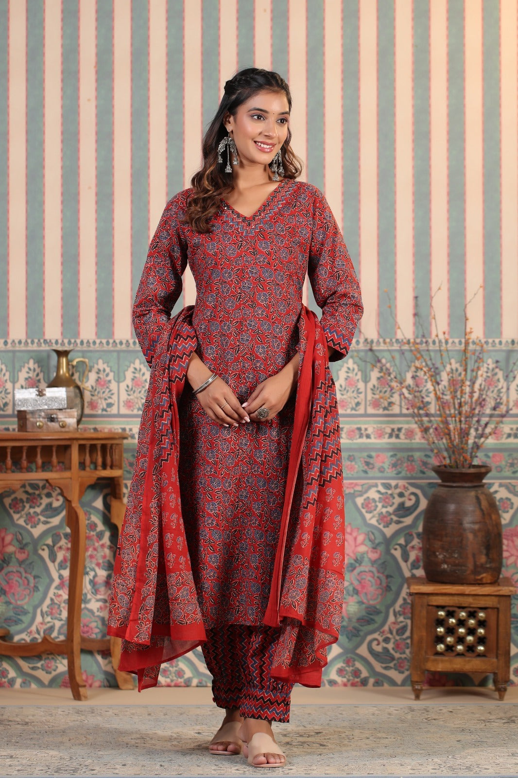 Suman Crimson Printed Cotton Suit Set