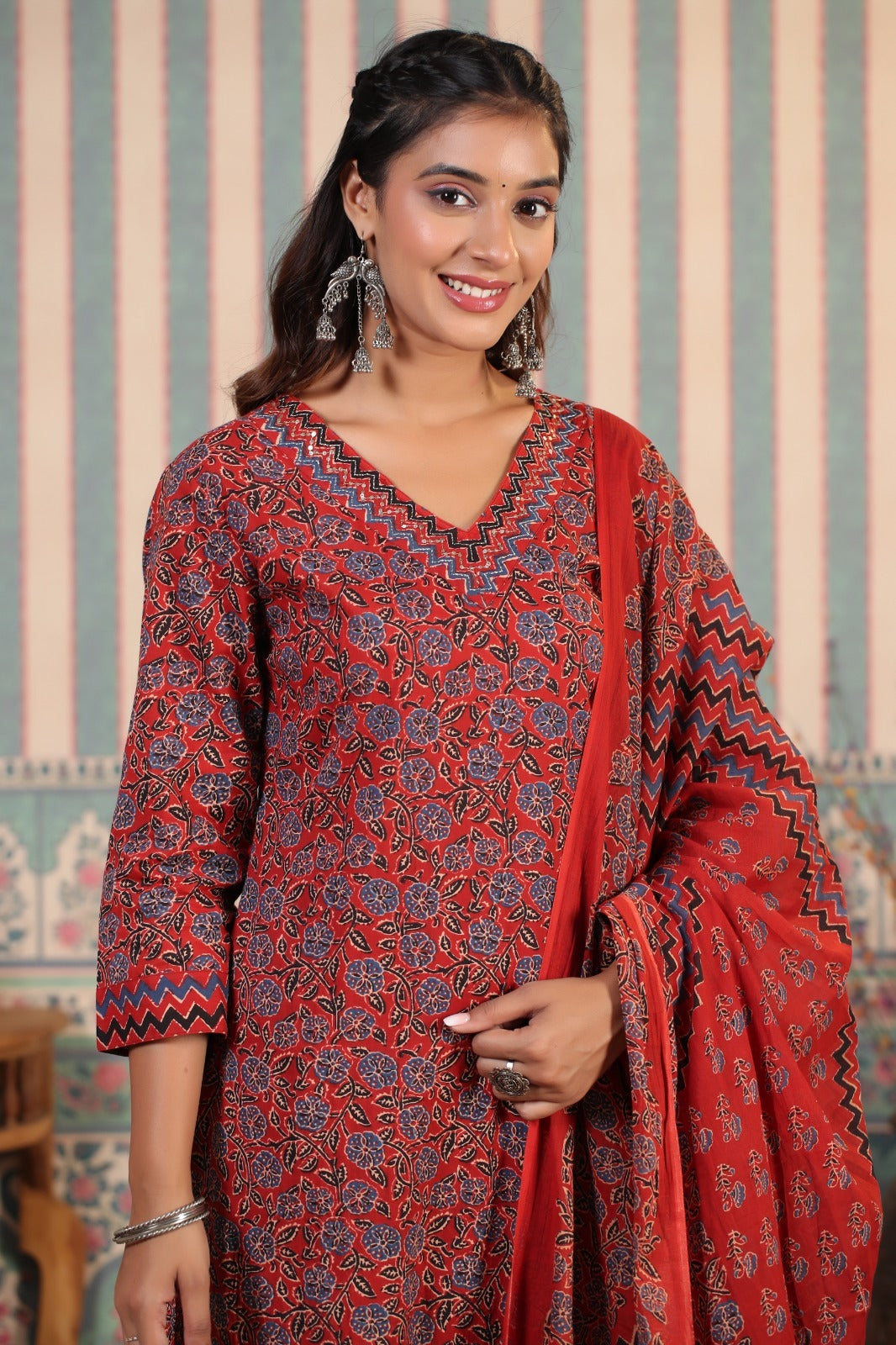 Suman Crimson Printed Cotton Suit Set