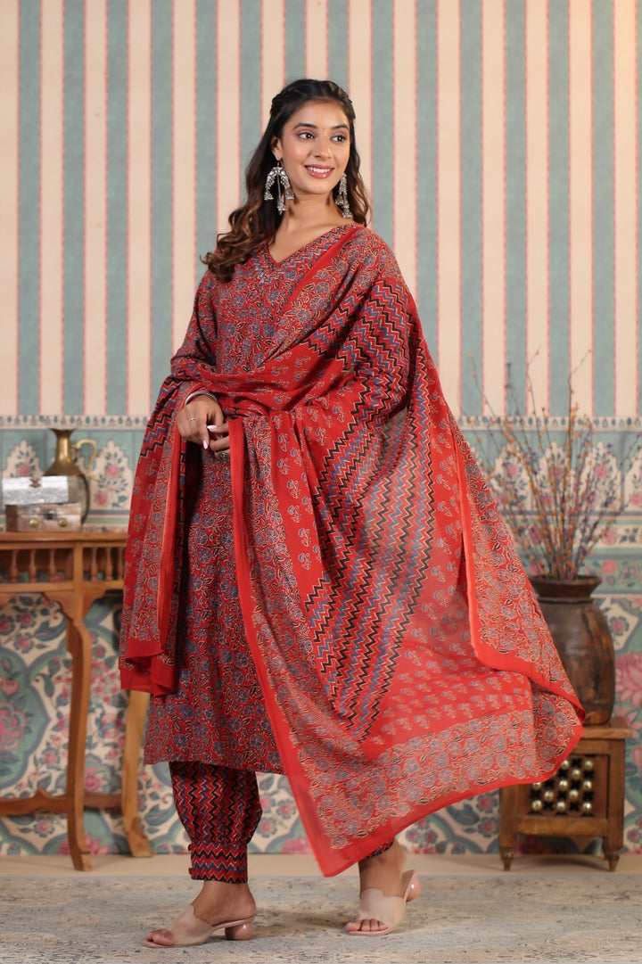 Suman Crimson Printed Cotton Suit Set