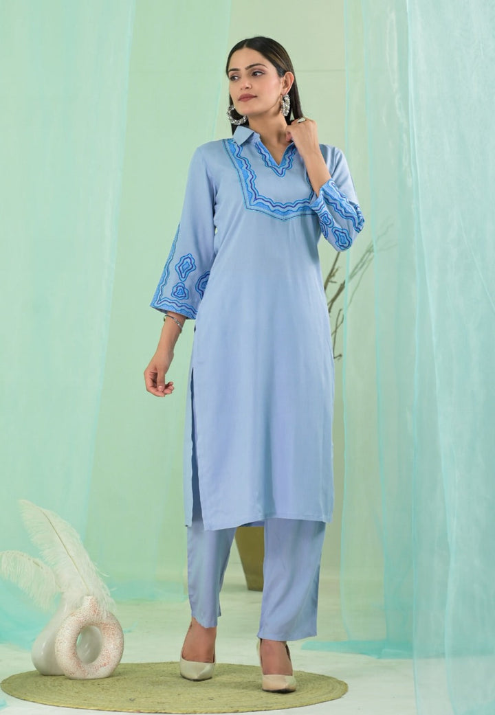 VARTIKA SKY EMBROIDERED KURTA PANT SET