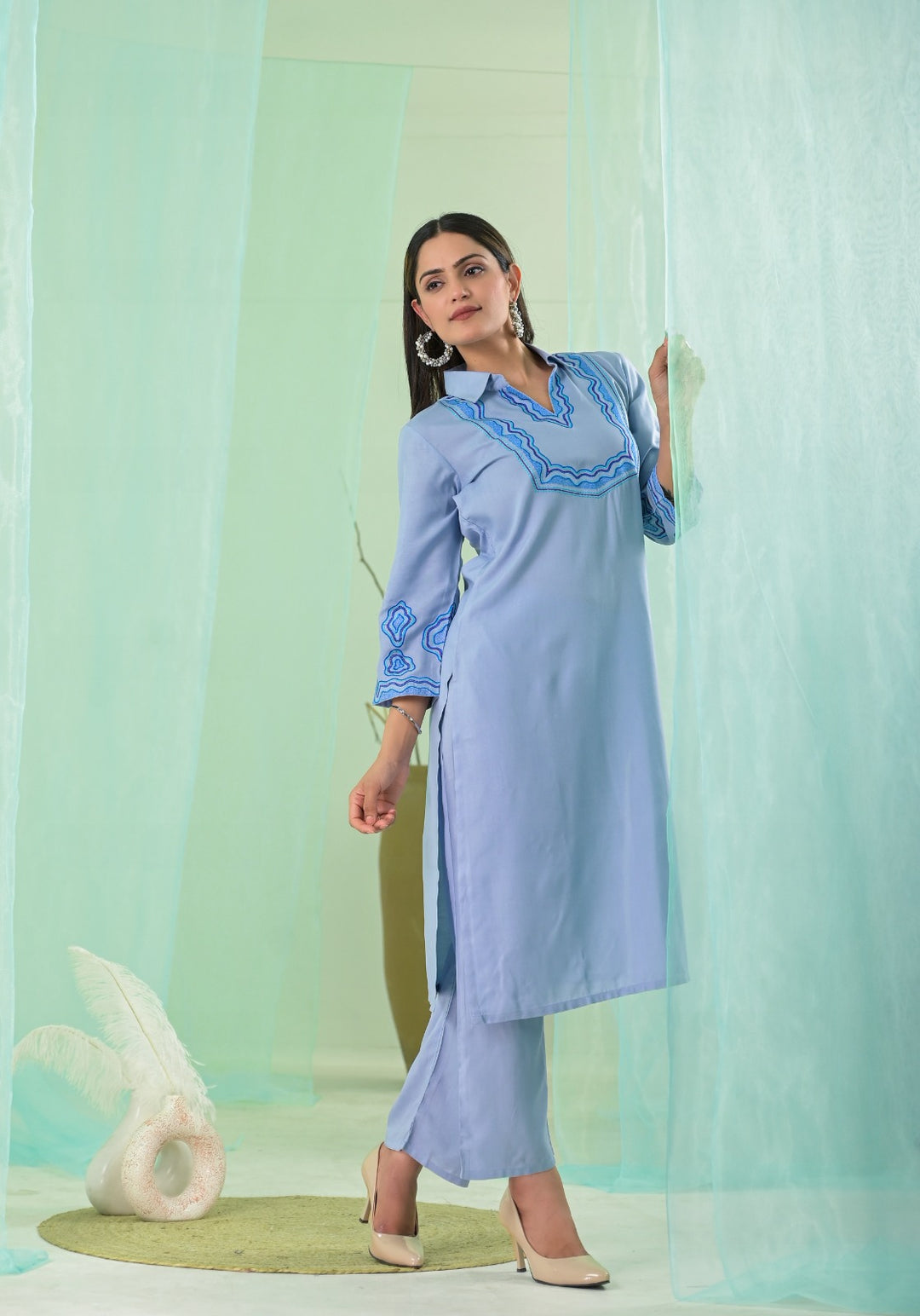 VARTIKA SKY EMBROIDERED KURTA PANT SET