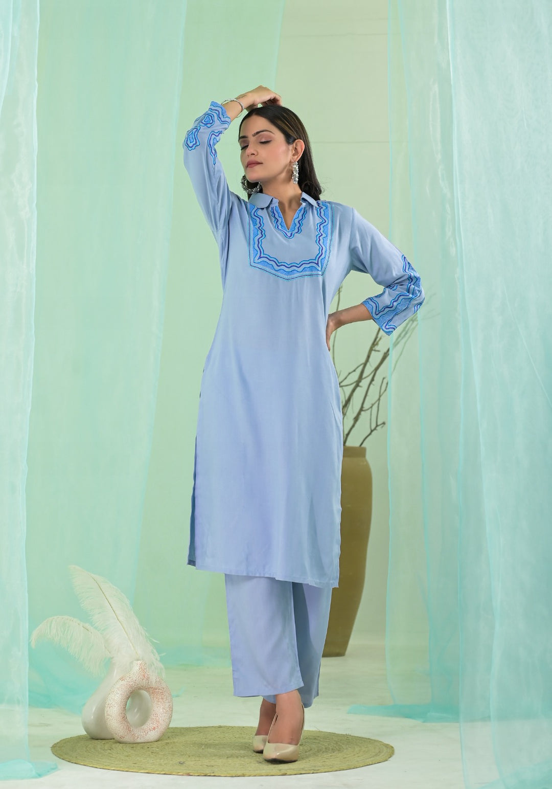 VARTIKA SKY EMBROIDERED KURTA PANT SET