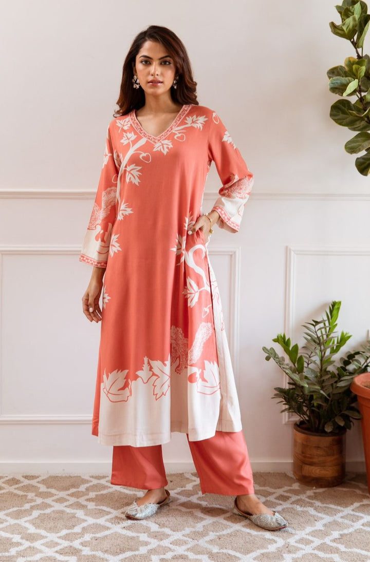 Jagdeep Salmon Printed Kurta Pant Set