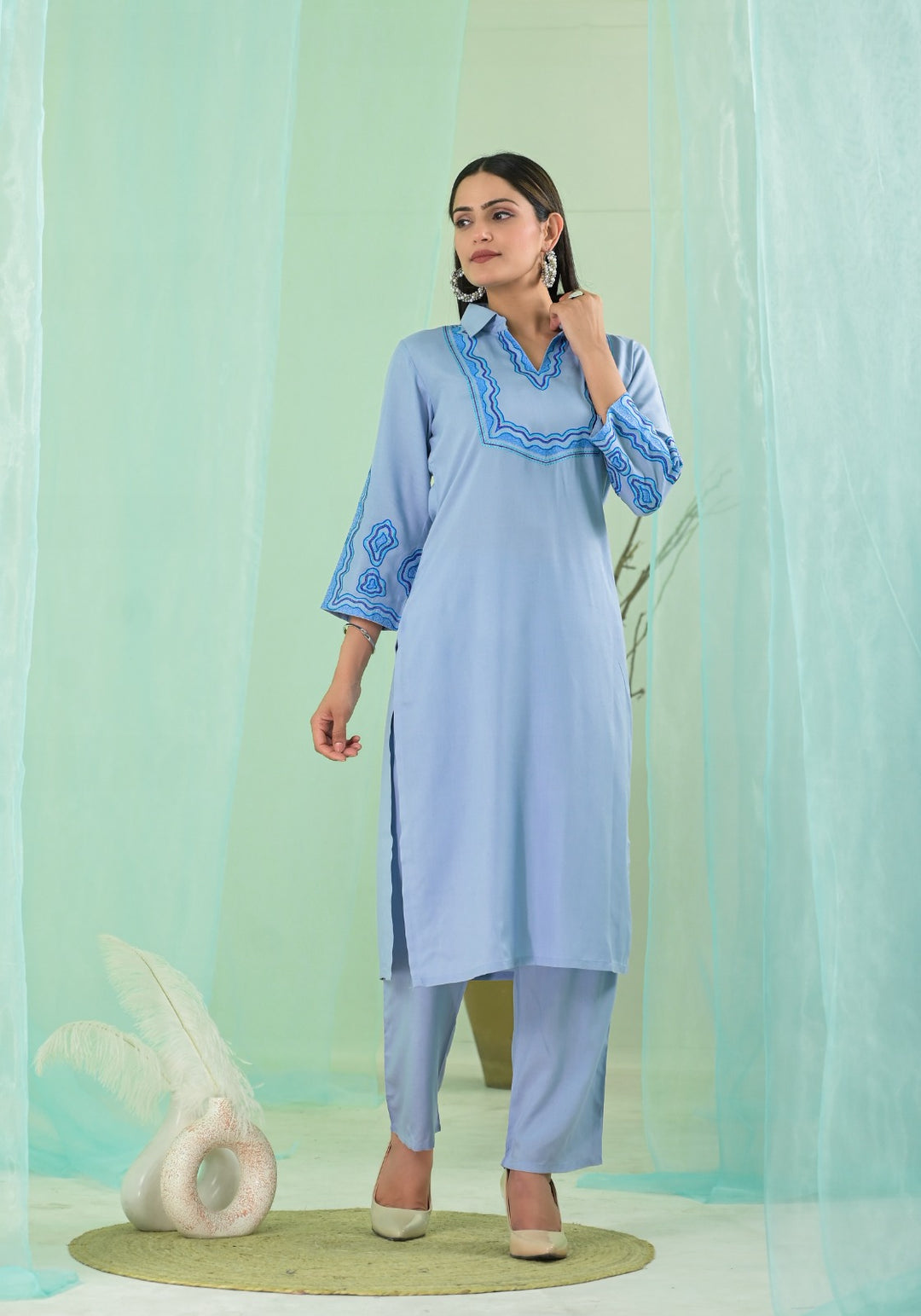 VARTIKA SKY EMBROIDERED KURTA PANT SET