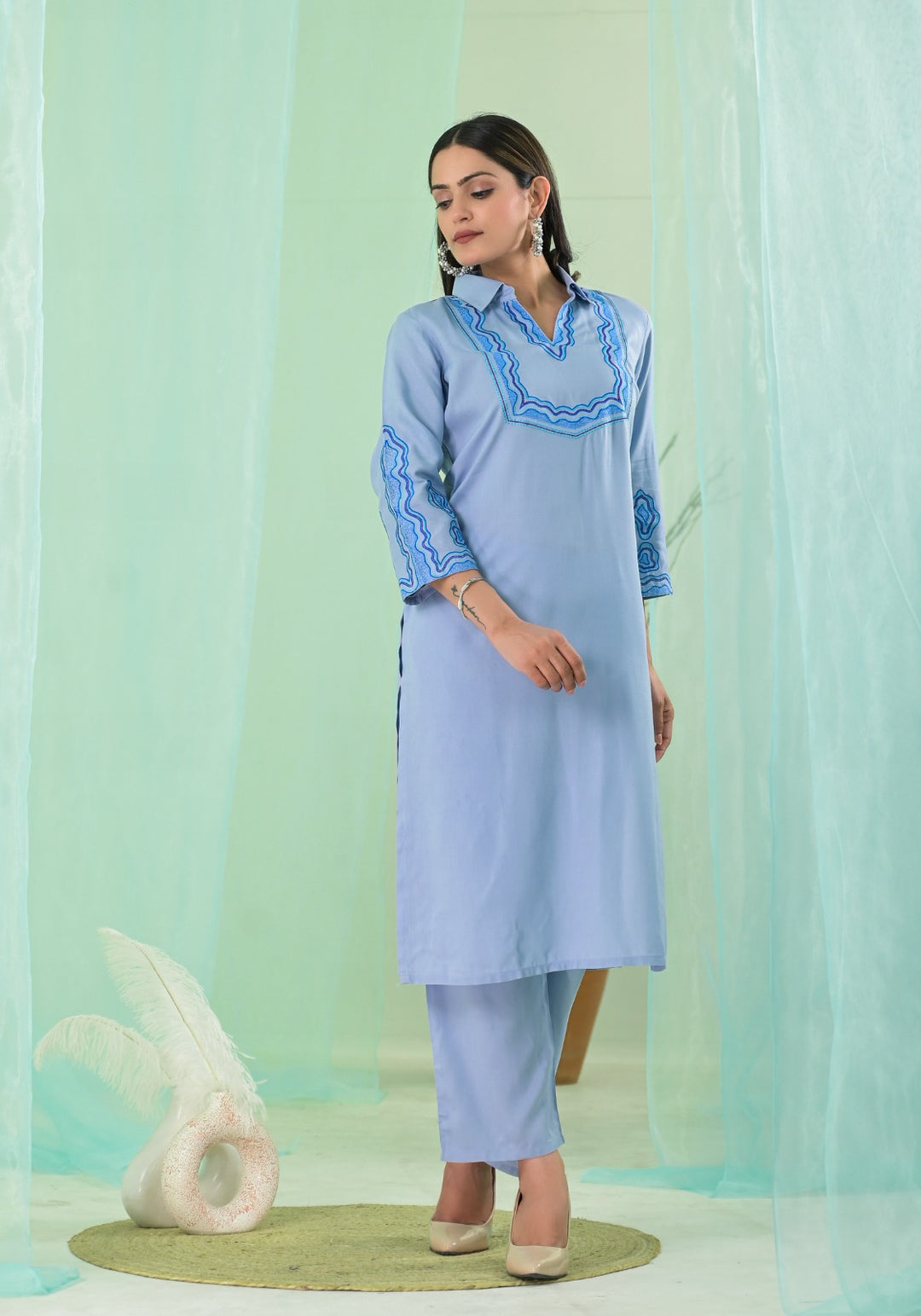 VARTIKA SKY EMBROIDERED KURTA PANT SET