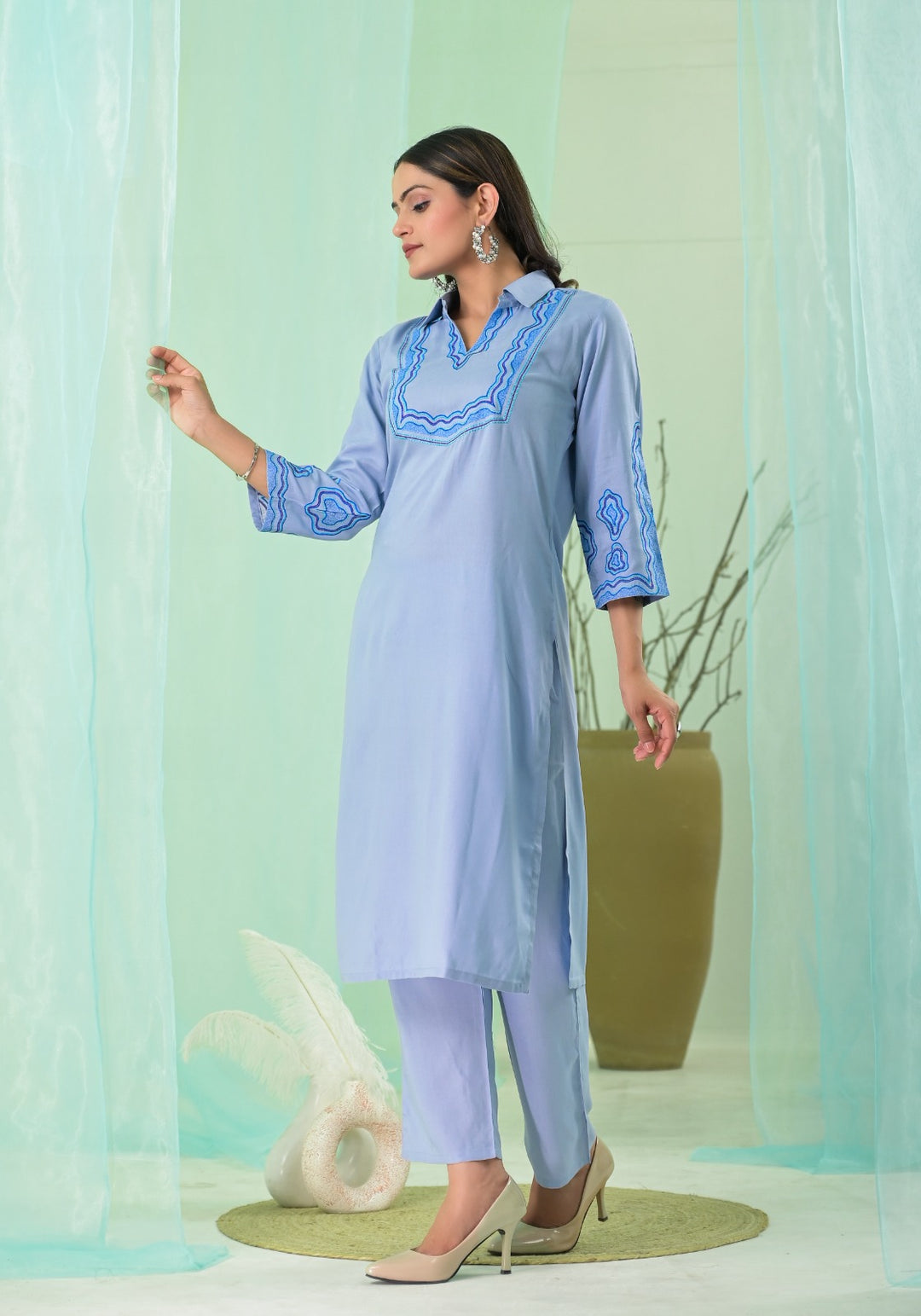 VARTIKA SKY EMBROIDERED KURTA PANT SET