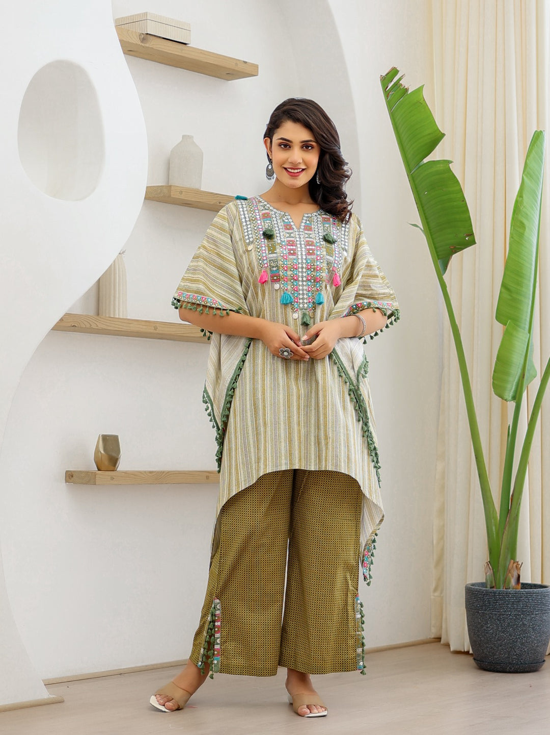 Sheetal Olive Cotton Kaftan Pant Set