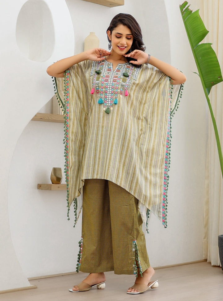 Sheetal Olive Cotton Kaftan Pant Set