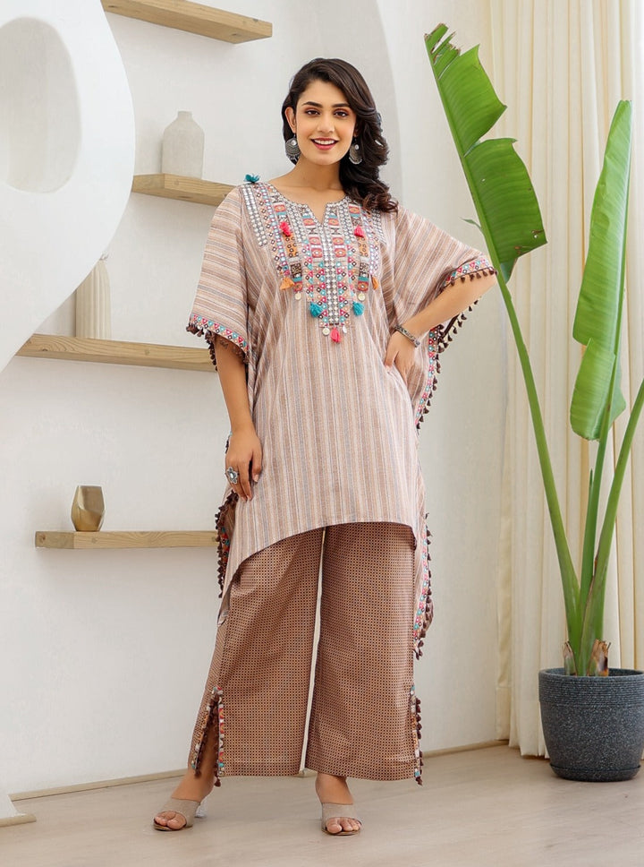 Sheetal Caramel Cotton Kaftan Pant Set