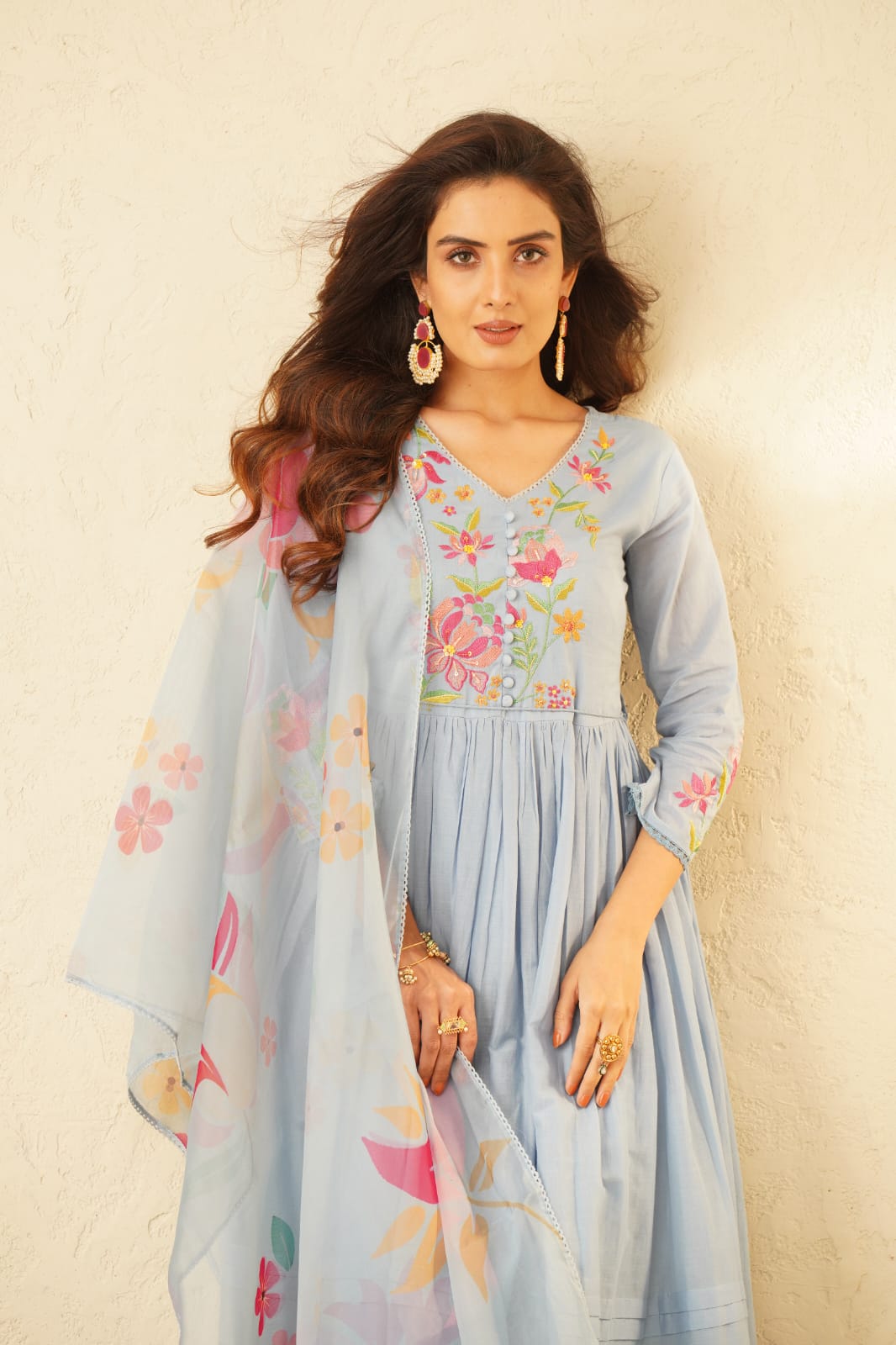 Haniya SoftBlue Embroidery Anarkali Suit Set