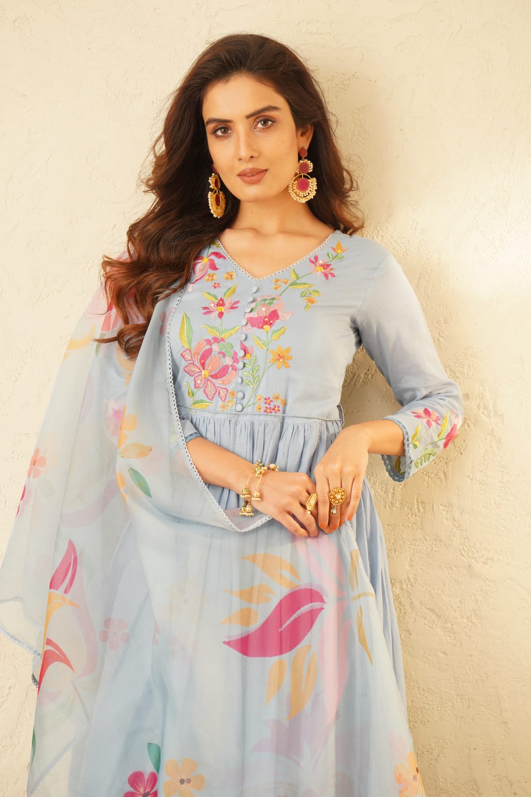 Haniya SoftBlue Embroidery Anarkali Suit Set