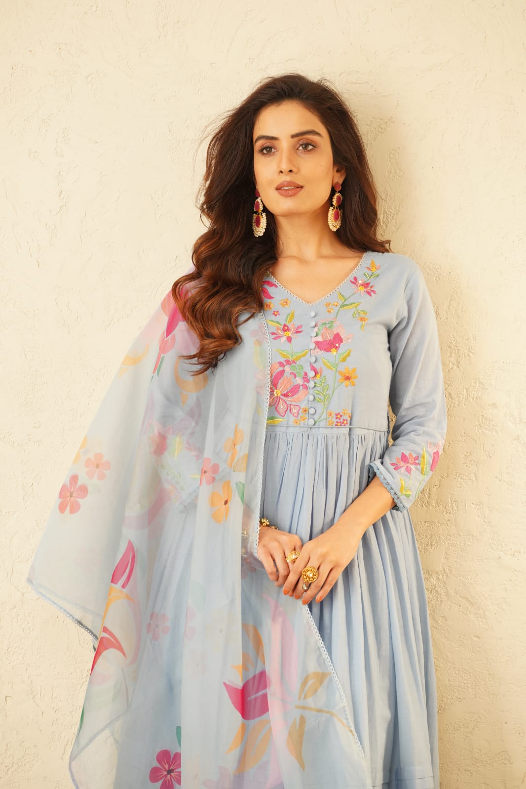 Haniya SoftBlue Embroidery Anarkali Suit Set