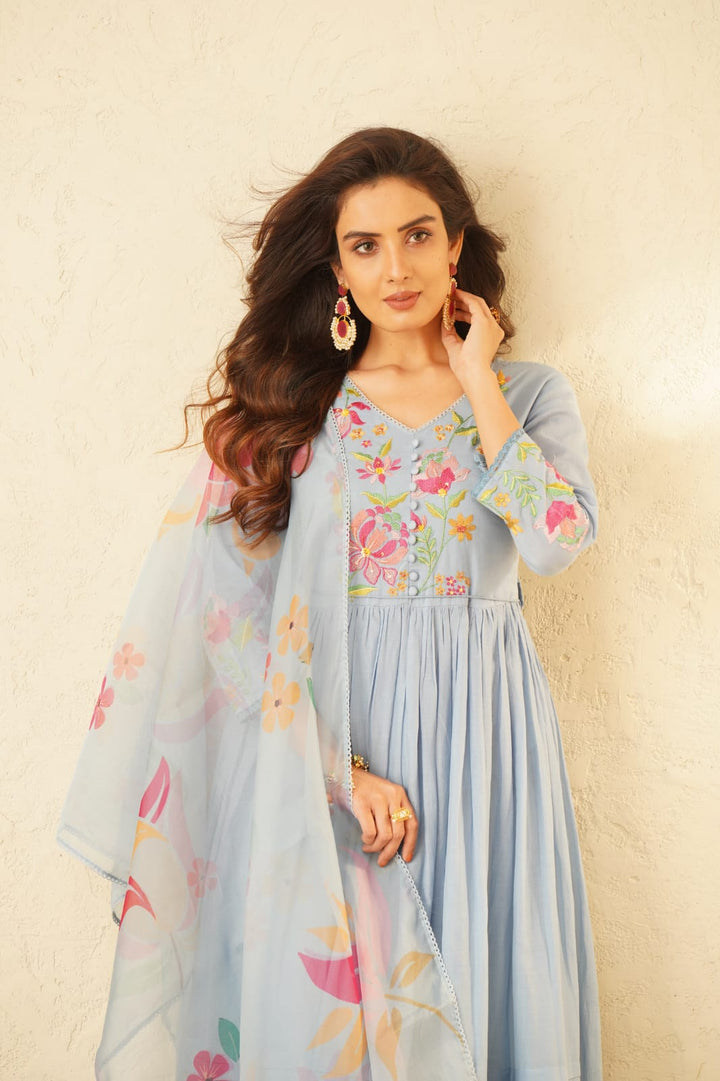 Haniya SoftBlue Embroidery Anarkali Suit Set