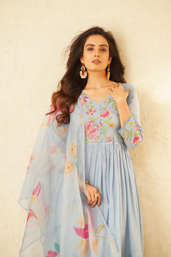 Haniya SoftBlue Embroidery Anarkali Suit Set