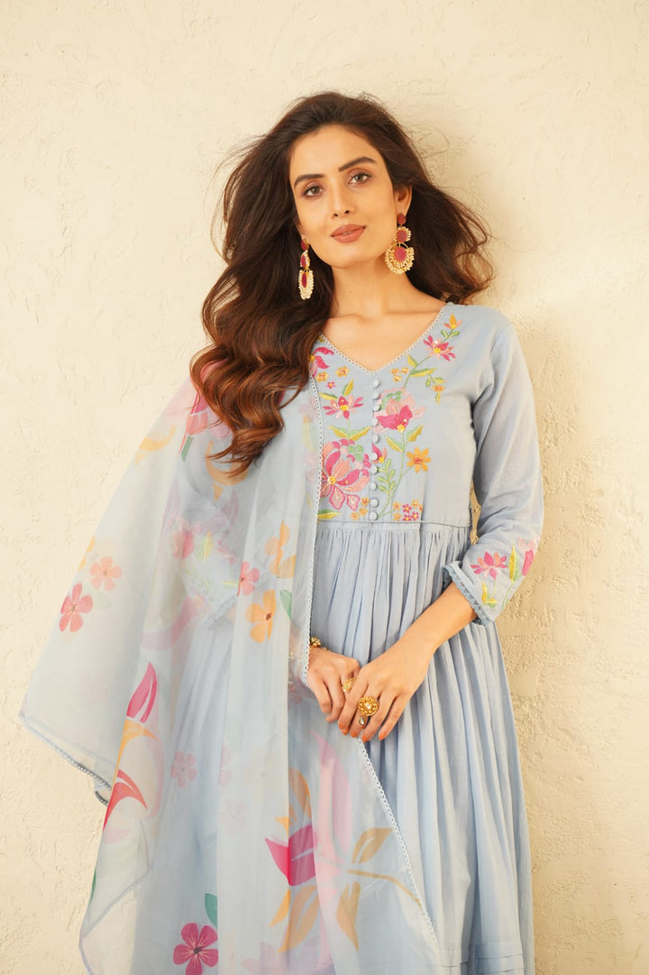 Haniya SoftBlue Embroidery Anarkali Suit Set