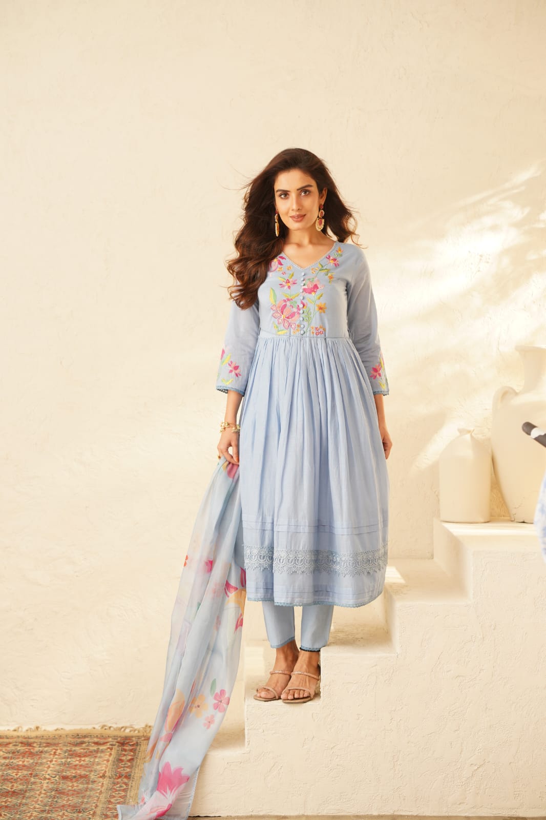 Haniya SoftBlue Embroidery Anarkali Suit Set