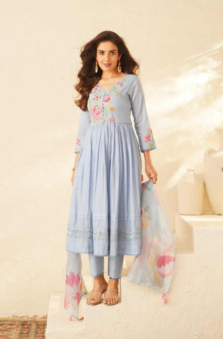 Haniya SoftBlue Embroidery Anarkali Suit Set