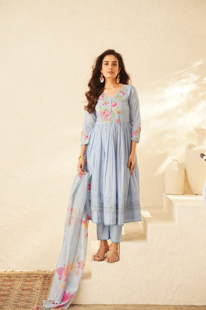 Haniya SoftBlue Embroidery Anarkali Suit Set