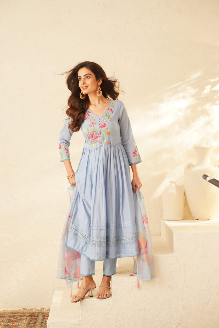 Haniya SoftBlue Embroidery Anarkali Suit Set