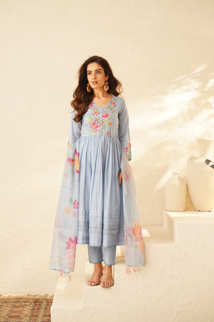 Haniya SoftBlue Embroidery Anarkali Suit Set