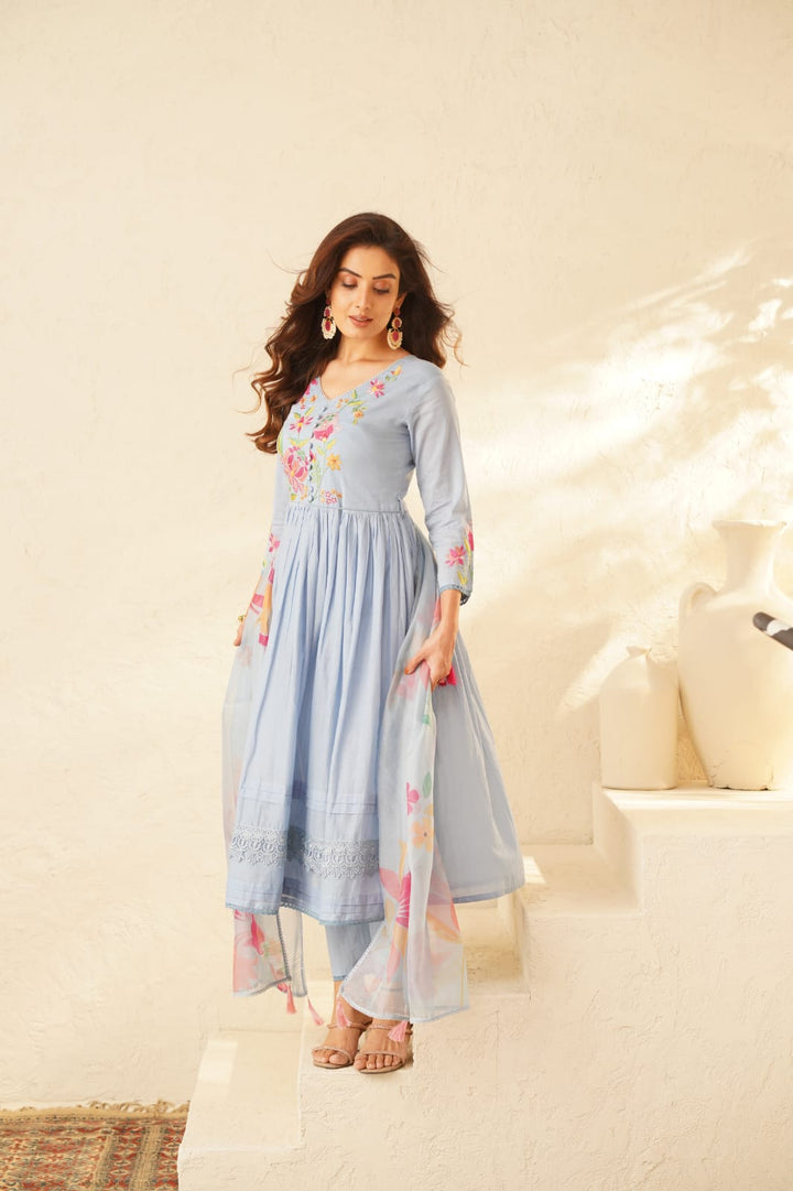 Haniya SoftBlue Embroidery Anarkali Suit Set