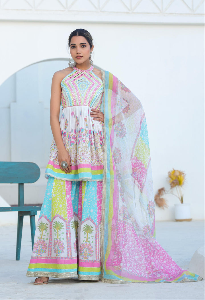 Tridhara rainbow premium cotton sharara suit set