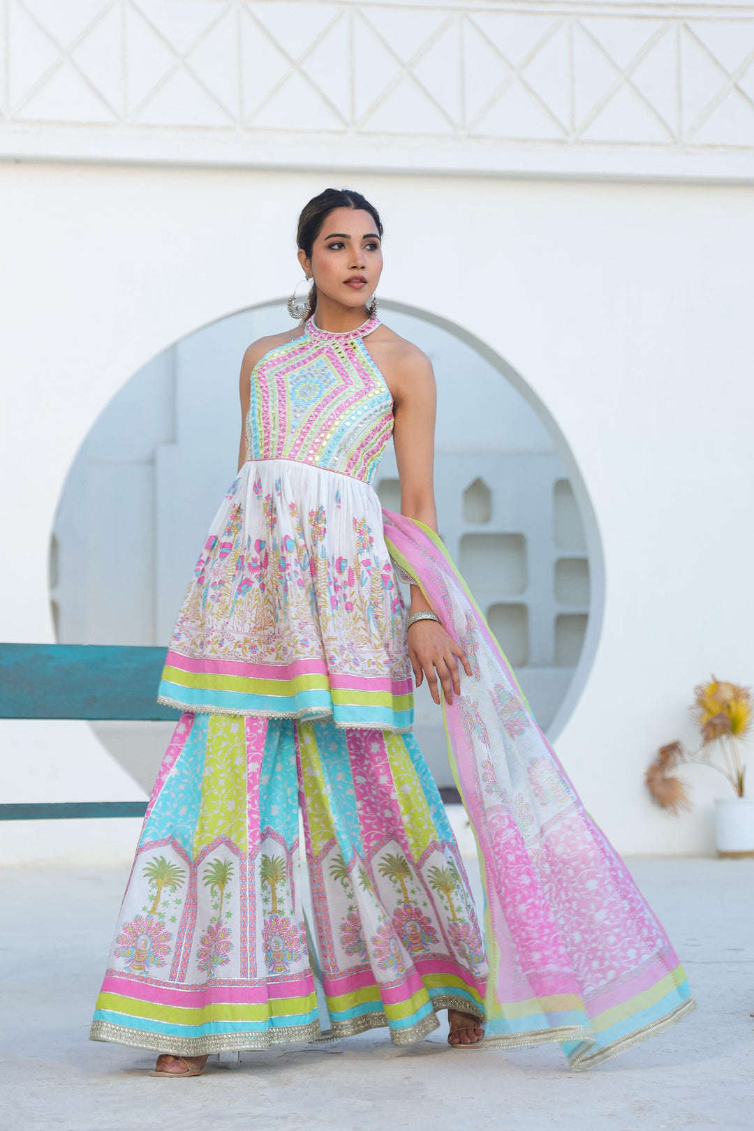 Tridhara rainbow premium cotton sharara suit set