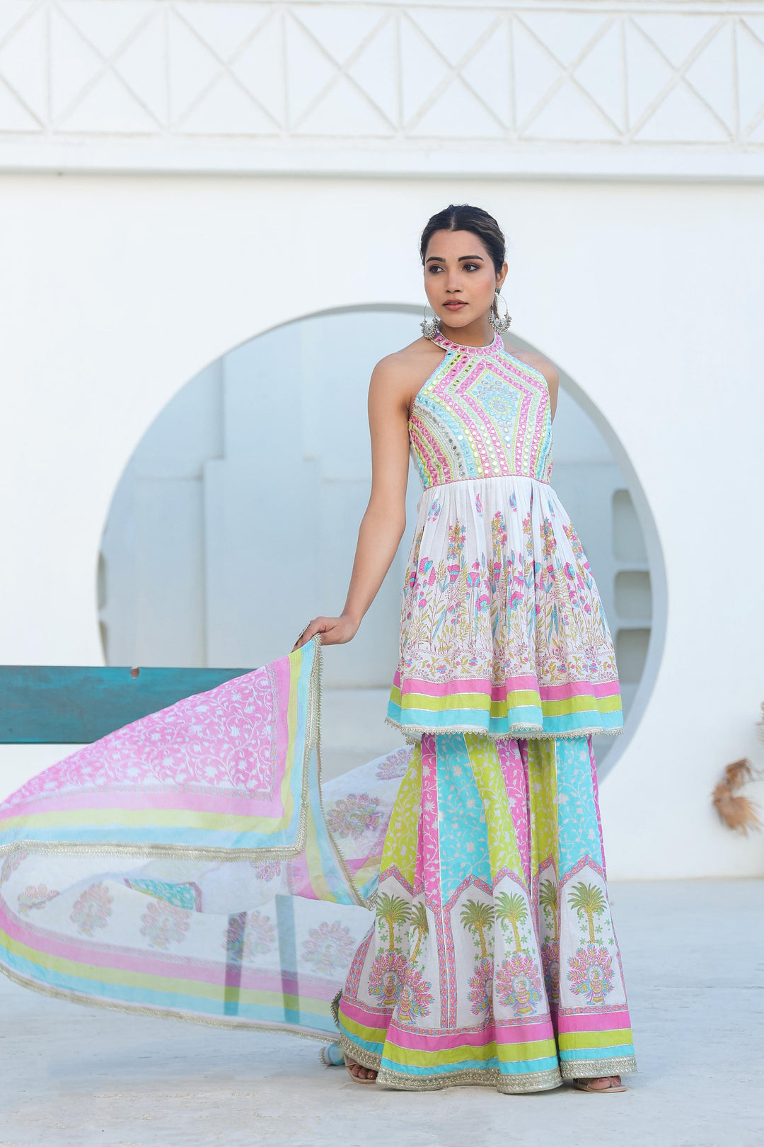 Tridhara rainbow premium cotton sharara suit set
