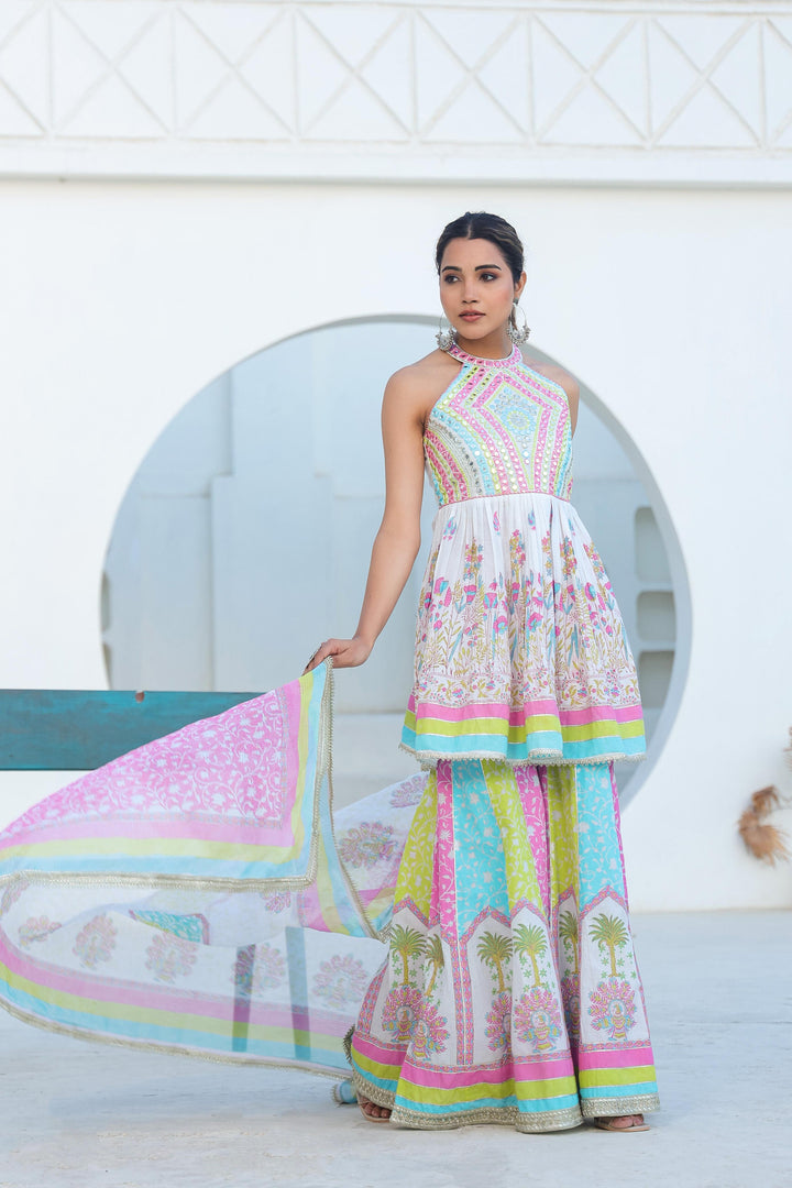 Tridhara rainbow premium cotton sharara suit set