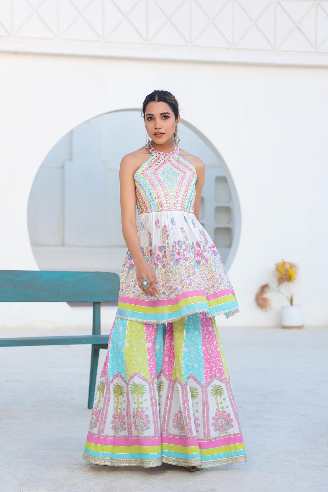 Tridhara rainbow premium cotton sharara suit set