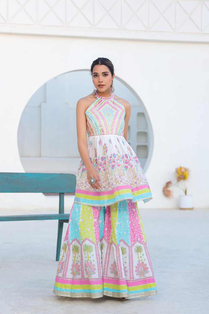 Tridhara rainbow premium cotton sharara suit set