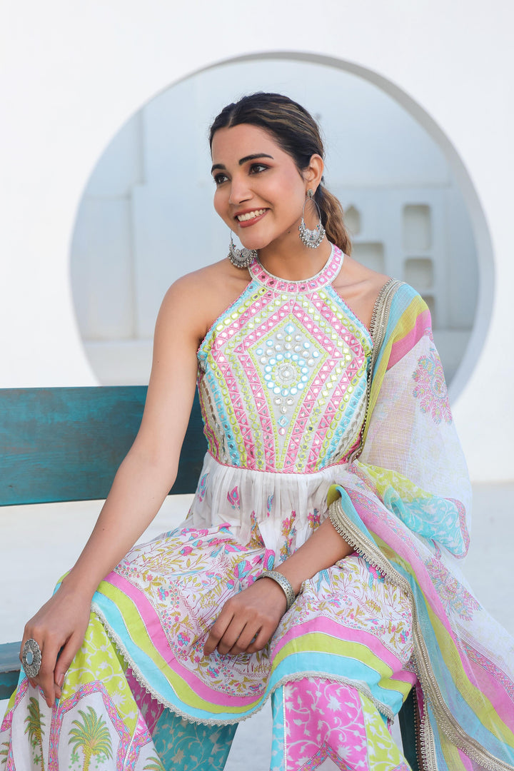 Tridhara rainbow premium cotton sharara suit set