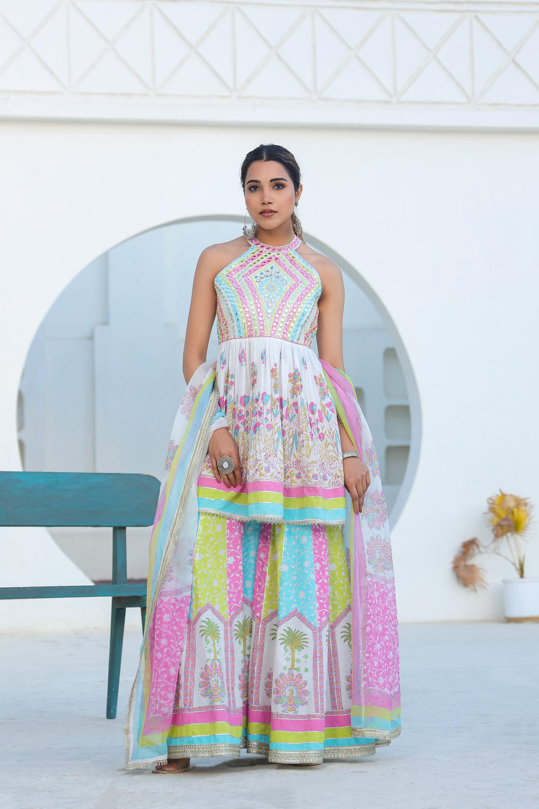 Tridhara rainbow premium cotton sharara suit set