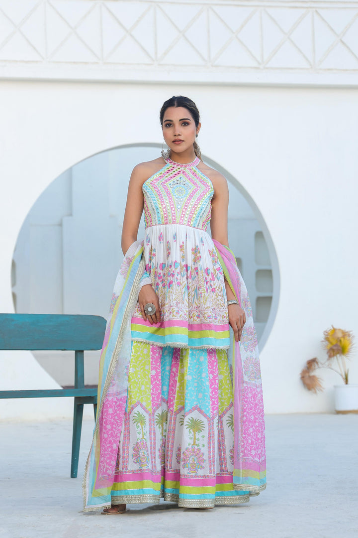 Tridhara rainbow premium cotton sharara suit set