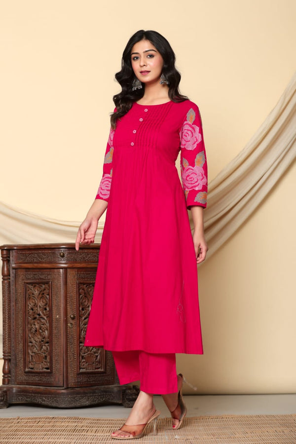 Mika Cerise Embrodiered Kurta Pant Set