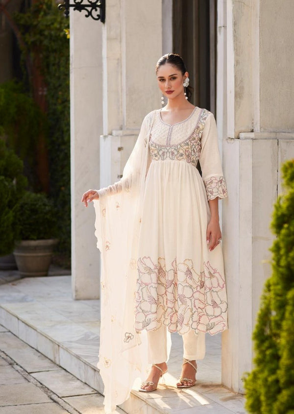 Rubina Pearl Cotton Mul Embroidery Premium Anarkali Suit Set