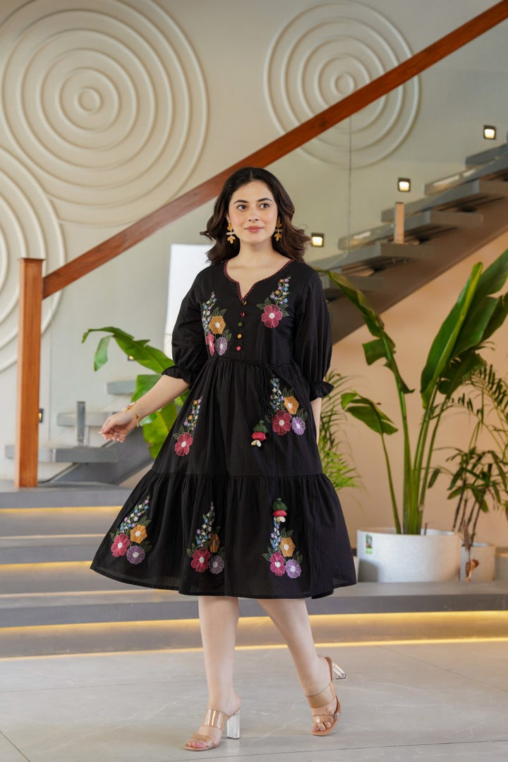 Tiara Onyx Embroidered Cotton Dress