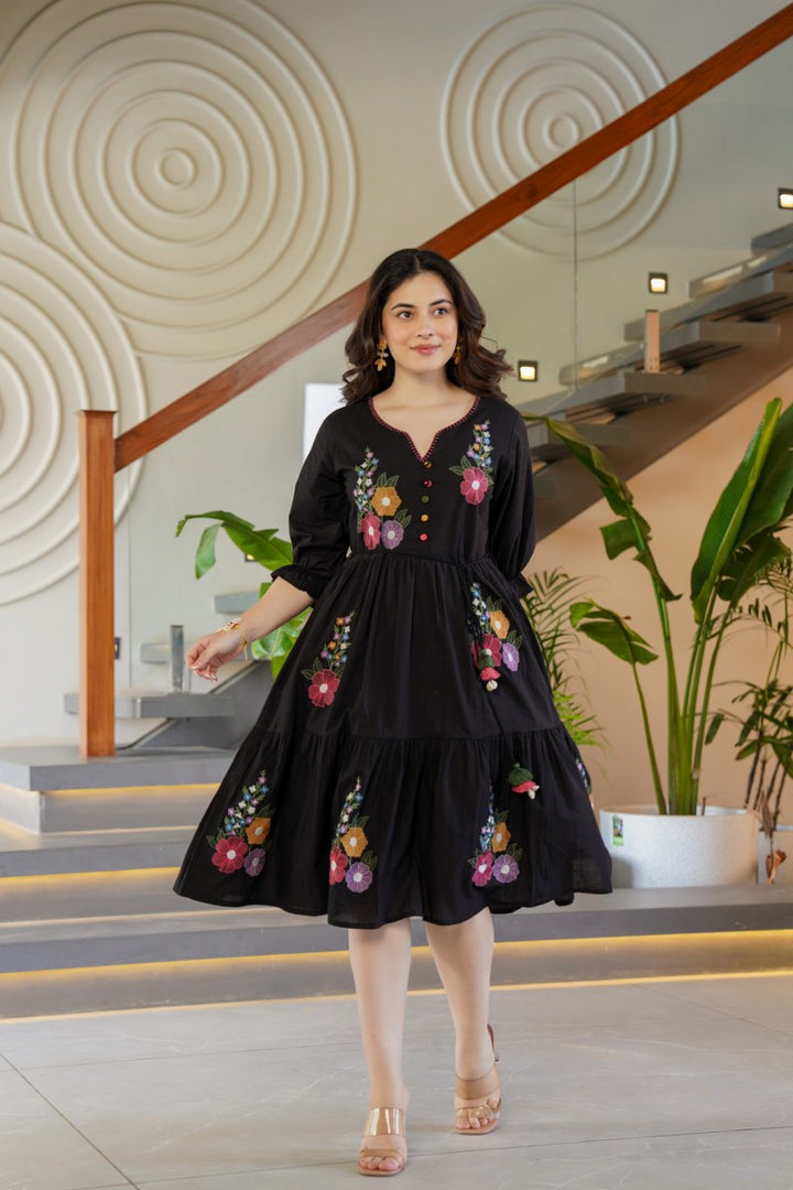 Tiara Onyx Embroidered Cotton Dress