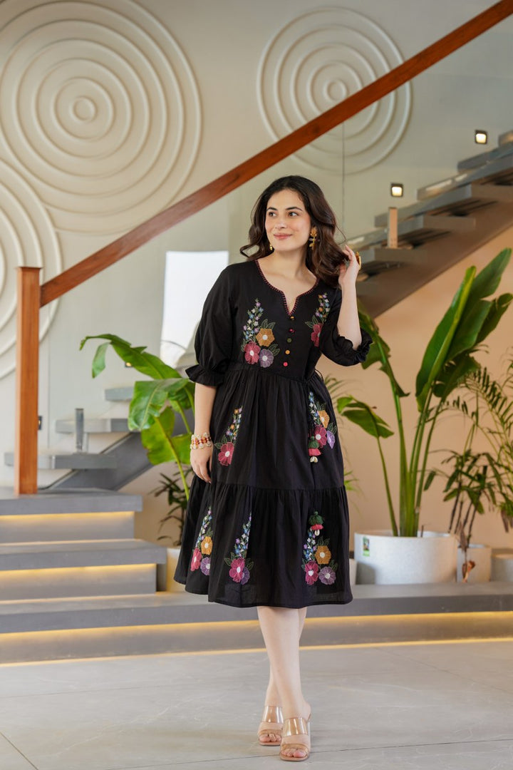 Tiara Onyx Embroidered Cotton Dress